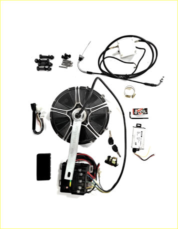 hybrid scooty conversion kit 60 72v 1 conversion kit itemsnn1. motornn voltage: 48-72 vn power (continuous power) : 1.5kwn type: dc brushless motorn wheel size: 10 inchn speed: 40 – 60km/hn torque: 30 n.mn max. working temperature: 80 ℃n waterproof grade: ip54n weight : 7 – 8kgn efficiency : 85%n warranty : 1year* (manufacturing defects)nn 2. motor (drive / controller)nn● compatible voltage : 48v / 60v /72vn● rated current: 35an● peak current : 65an● max power : 2.1kwn● waterproof grade: ip64n● regeneration : yesn● type : sine waven● warranty : 1year* (manufacturing defects)nn3. other included accessories : combined throttle, led switch, controller wiring, mounting boltsnnrecommended battery (not included in kit):nn battery voltage: 64v 24ah : 40-50 km travel in single charge & speed: 40-50 km/hrn 74v 25ah : 50-60 km travel in single charge & speed: 50-60 km/hrnnwe also make customize battery and have chargers also.